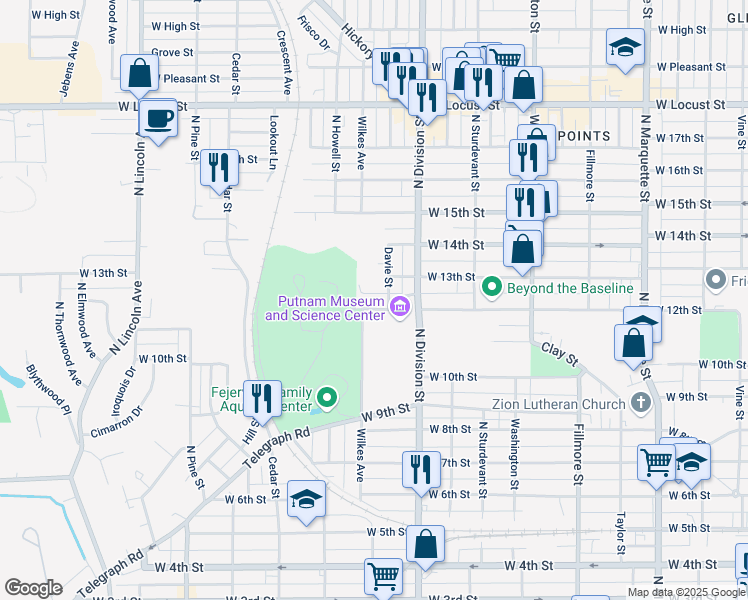 map of restaurants, bars, coffee shops, grocery stores, and more near 1742 West 12th Street in Davenport