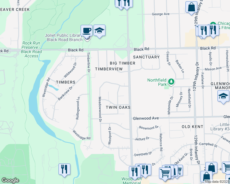 map of restaurants, bars, coffee shops, grocery stores, and more near 521 Ponderosa Place in Joliet