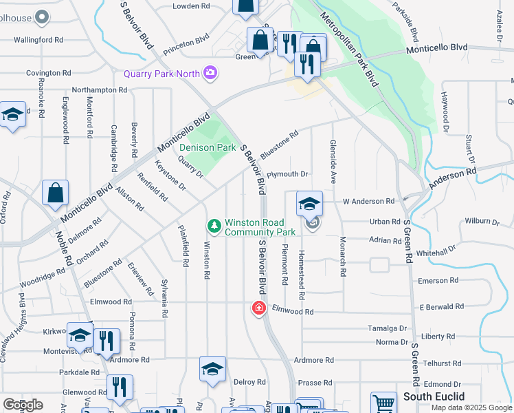 map of restaurants, bars, coffee shops, grocery stores, and more near 1038 South Belvoir Boulevard in South Euclid