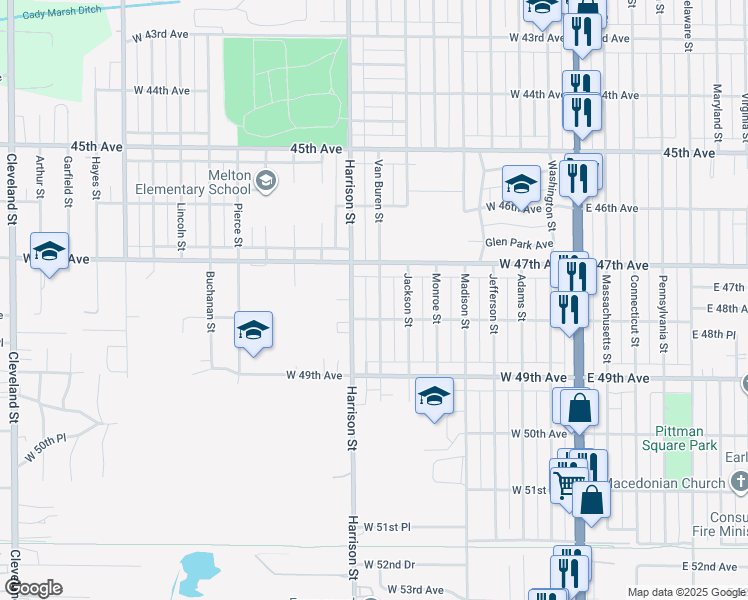 map of restaurants, bars, coffee shops, grocery stores, and more near 4762 Van Buren Street in Gary