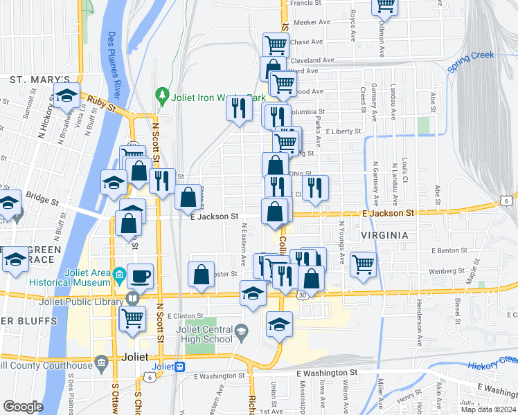 map of restaurants, bars, coffee shops, grocery stores, and more near 407 Herkimer Street in Joliet