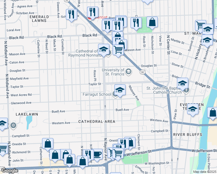 map of restaurants, bars, coffee shops, grocery stores, and more near 420 North Raynor Avenue in Joliet