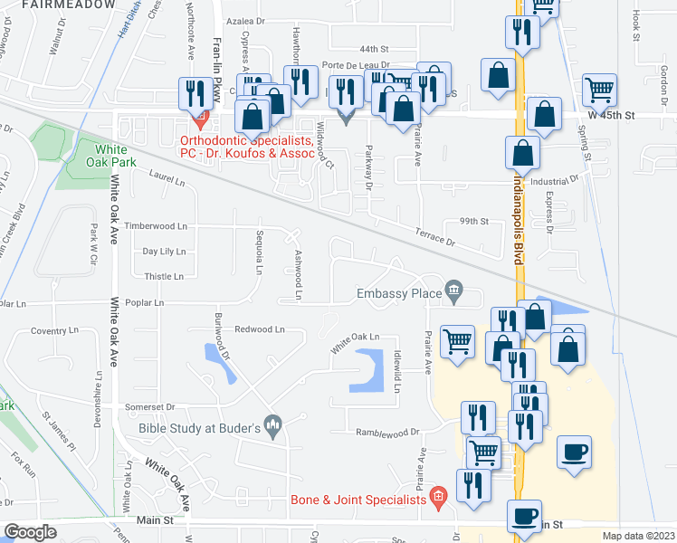 map of restaurants, bars, coffee shops, grocery stores, and more near 10007 Wildwood Lane in Highland