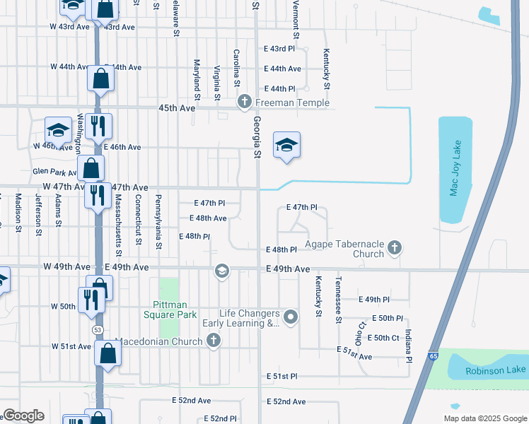 map of restaurants, bars, coffee shops, grocery stores, and more near 4740 Rhode Island Street in Gary