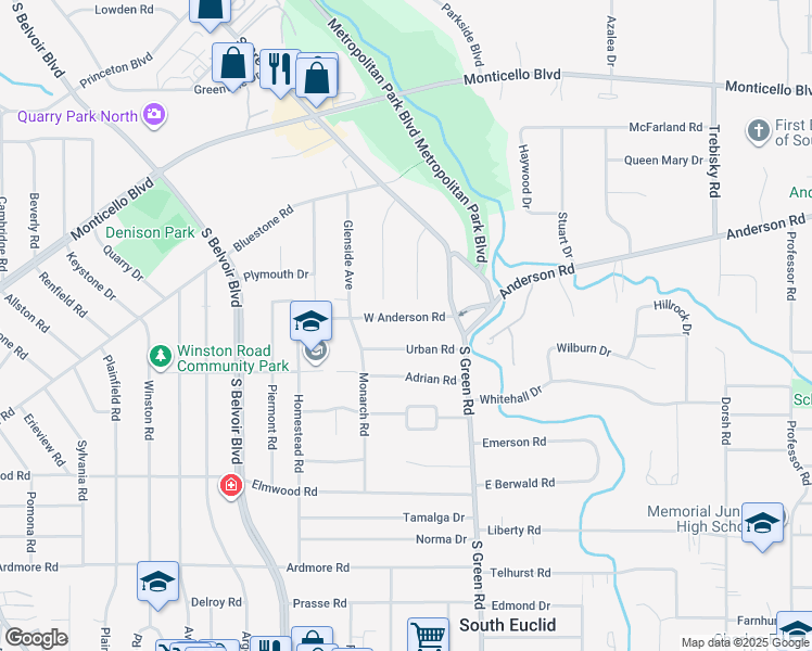map of restaurants, bars, coffee shops, grocery stores, and more near 4374 West Anderson Road in South Euclid