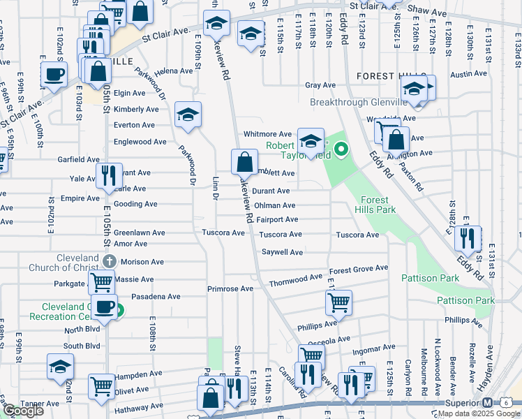 map of restaurants, bars, coffee shops, grocery stores, and more near 11318 Ohlman Avenue in Cleveland