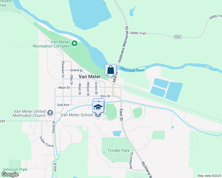 map of restaurants, bars, coffee shops, grocery stores, and more near 720 Main Street in Van Meter