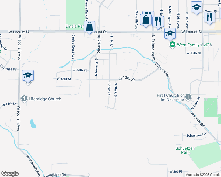 map of restaurants, bars, coffee shops, grocery stores, and more near 1139 Calvin Street in Davenport