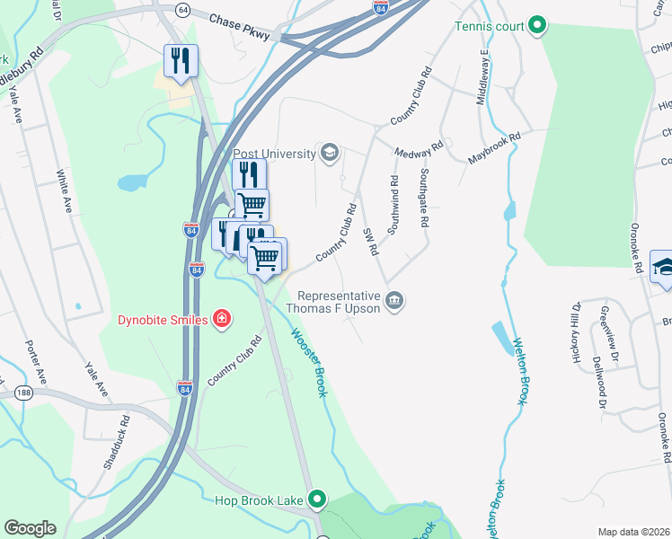 map of restaurants, bars, coffee shops, grocery stores, and more near 47 Joshua Town Road in Waterbury