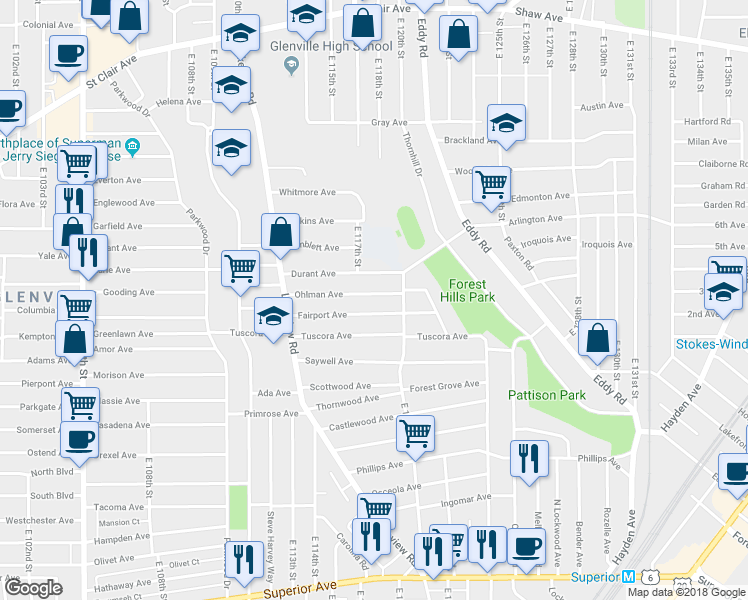 map of restaurants, bars, coffee shops, grocery stores, and more near 11706 Ohlman Avenue in Cleveland