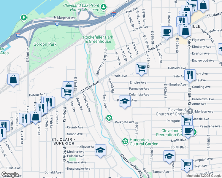 map of restaurants, bars, coffee shops, grocery stores, and more near 884 Herrick Rd in Cleveland