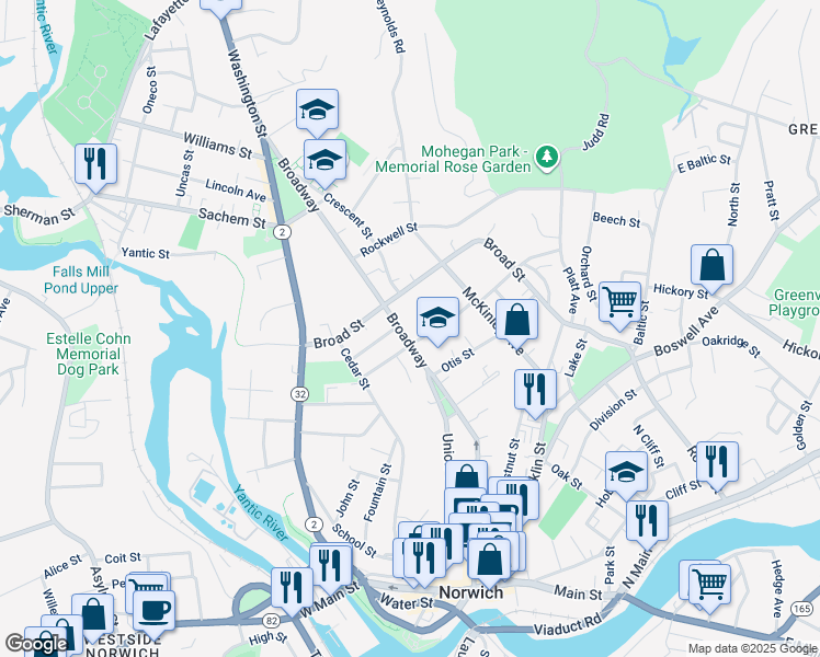 map of restaurants, bars, coffee shops, grocery stores, and more near 219 Broadway in Norwich