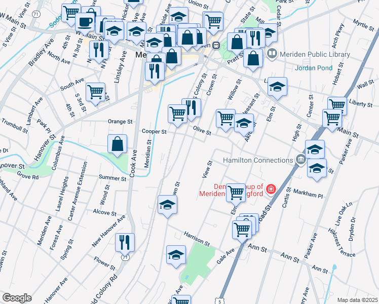 map of restaurants, bars, coffee shops, grocery stores, and more near 207 Crown Street in Meriden