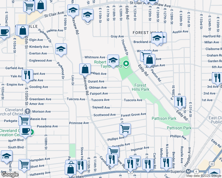 map of restaurants, bars, coffee shops, grocery stores, and more near 11706 Ohlman Avenue in Cleveland