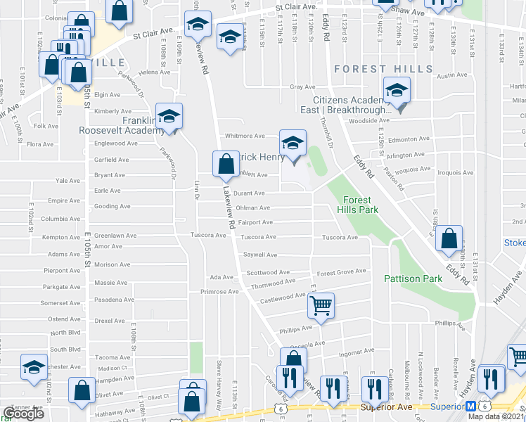map of restaurants, bars, coffee shops, grocery stores, and more near 11514 Ohlman Avenue in Cleveland