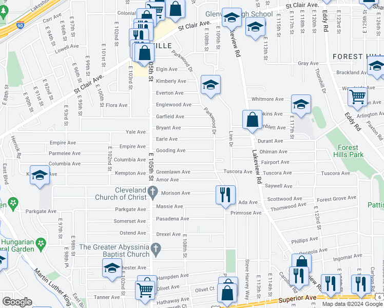 map of restaurants, bars, coffee shops, grocery stores, and more near 10728 Gooding Avenue in Cleveland