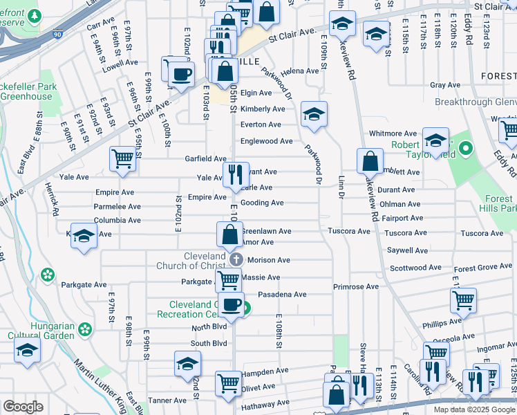 map of restaurants, bars, coffee shops, grocery stores, and more near 10620 Gooding Avenue in Cleveland