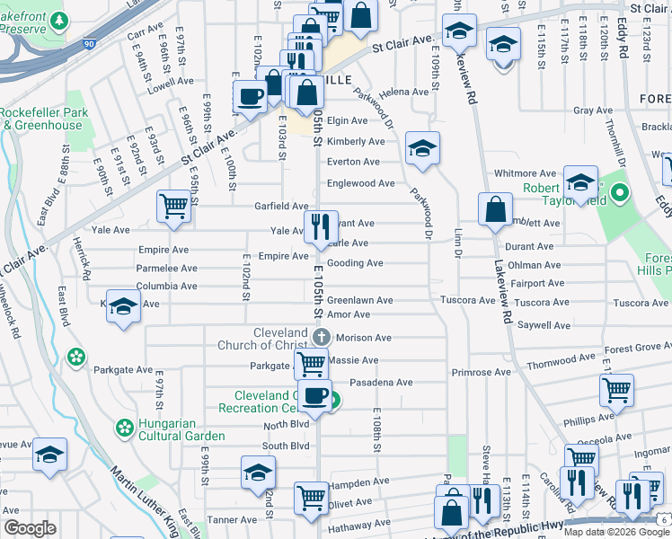 map of restaurants, bars, coffee shops, grocery stores, and more near in Cleveland