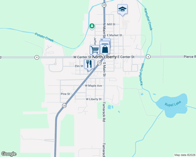 map of restaurants, bars, coffee shops, grocery stores, and more near 103 West Wabash Avenue in North Liberty