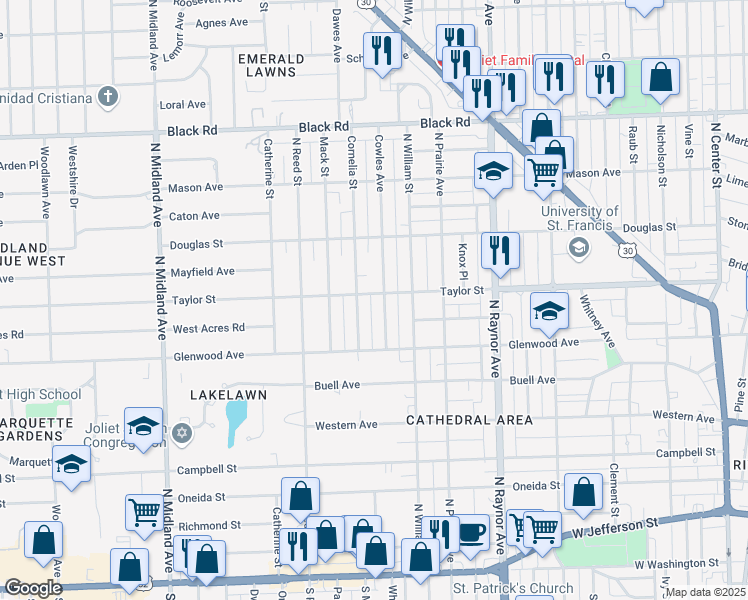 map of restaurants, bars, coffee shops, grocery stores, and more near 1008 Taylor Street in Joliet