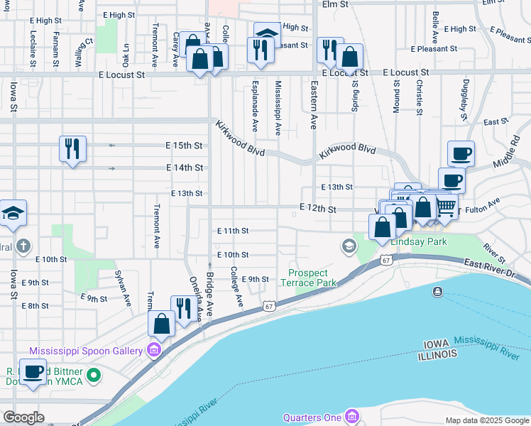 map of restaurants, bars, coffee shops, grocery stores, and more near 1333 East 12th Street in Davenport