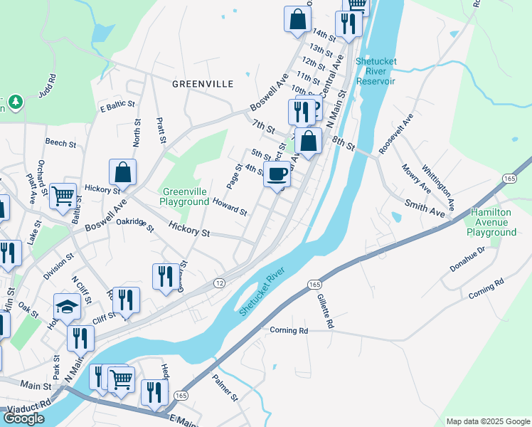 map of restaurants, bars, coffee shops, grocery stores, and more near 164-166 Central Avenue in Norwich