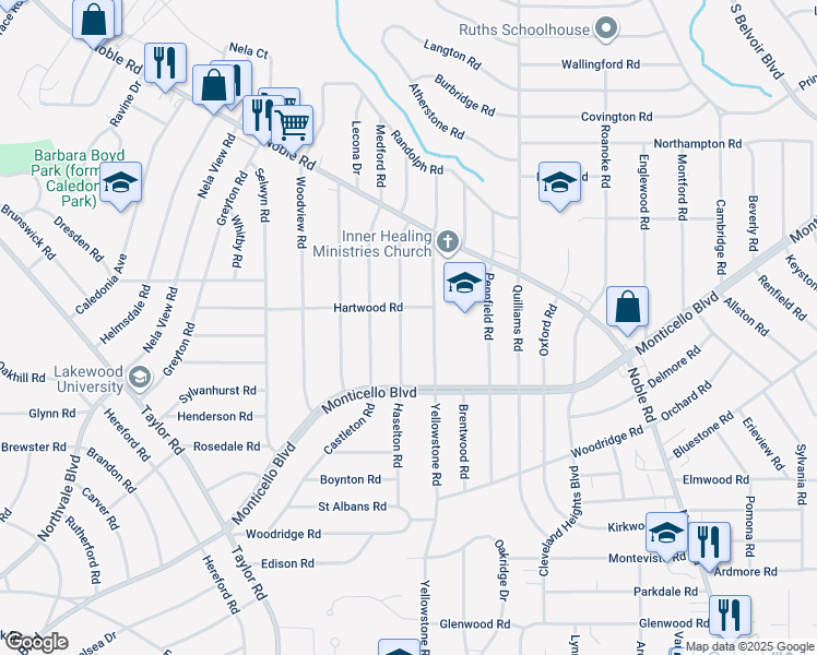 map of restaurants, bars, coffee shops, grocery stores, and more near 1045 Rushleigh Road in Cleveland Heights