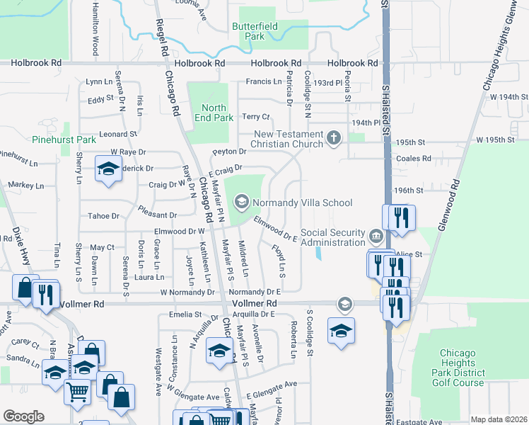 map of restaurants, bars, coffee shops, grocery stores, and more near 122 Pamela Drive North in Chicago Heights