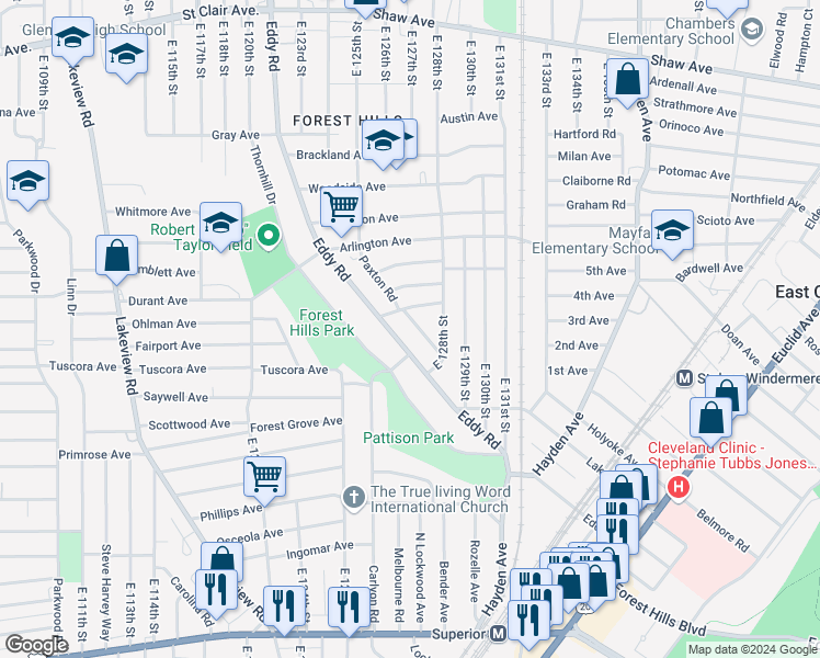 map of restaurants, bars, coffee shops, grocery stores, and more near 942 Paxton Road in Cleveland