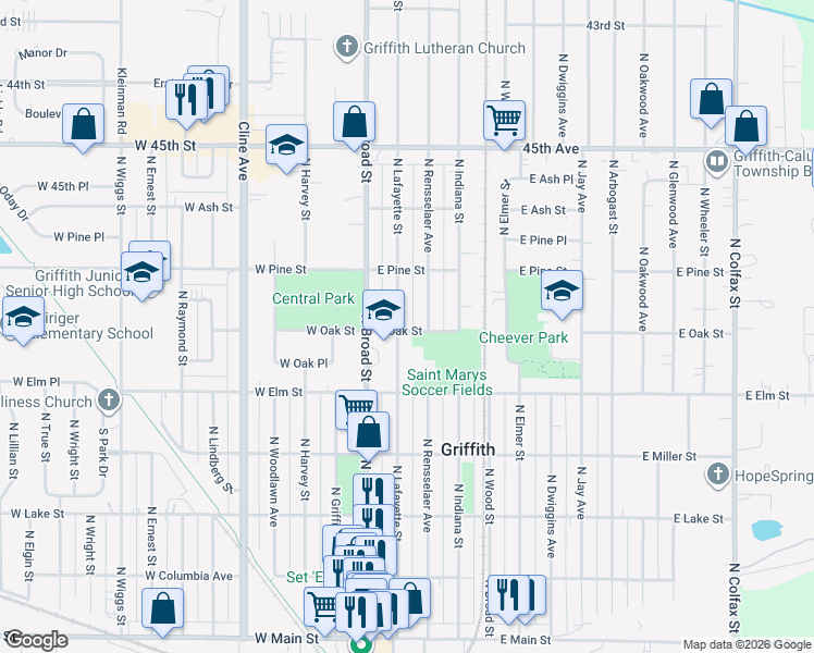 map of restaurants, bars, coffee shops, grocery stores, and more near 603 N Lafayette St in Griffith