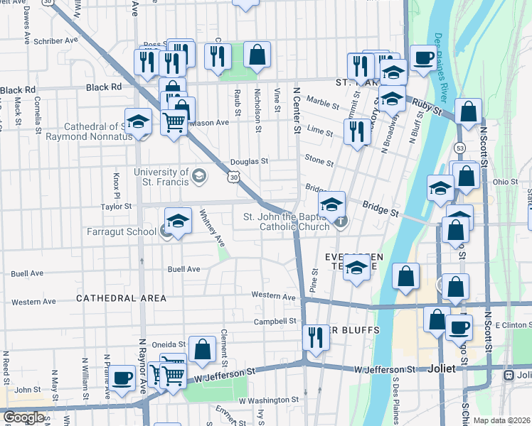 map of restaurants, bars, coffee shops, grocery stores, and more near 416 Nicholson Street in Joliet