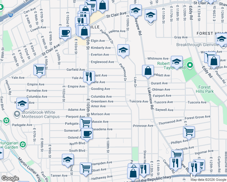 map of restaurants, bars, coffee shops, grocery stores, and more near 10728 Gooding Avenue in Cleveland