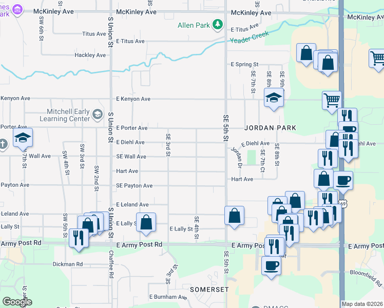 map of restaurants, bars, coffee shops, grocery stores, and more near 342 East Wall Avenue in Des Moines