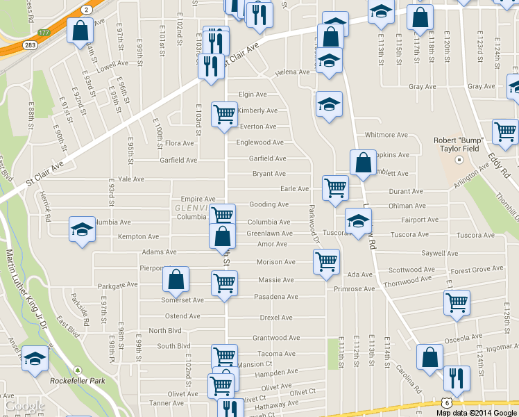 map of restaurants, bars, coffee shops, grocery stores, and more near 10620 Gooding Ave in Cleveland