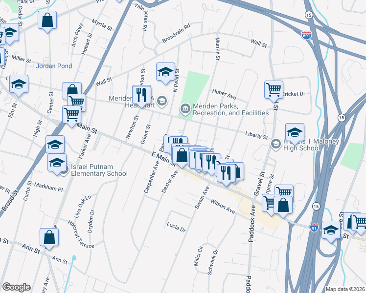 map of restaurants, bars, coffee shops, grocery stores, and more near 43 Clinton Street in Meriden