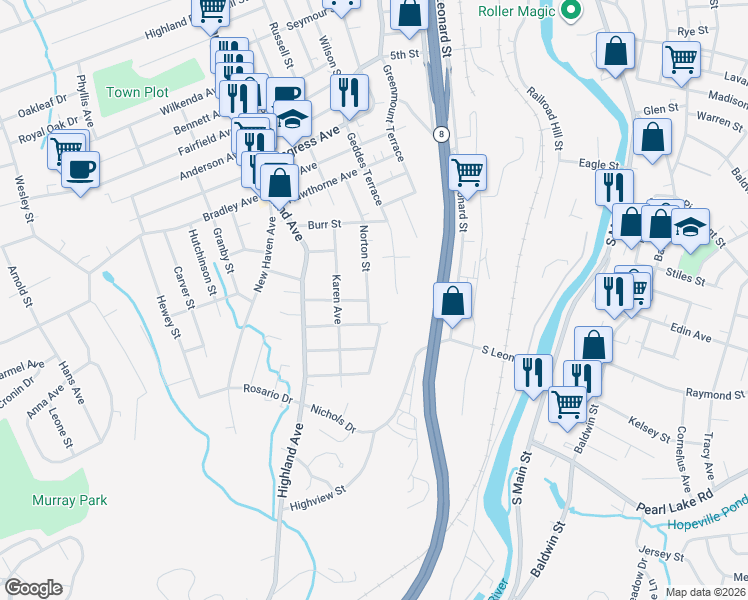 map of restaurants, bars, coffee shops, grocery stores, and more near 149 Norton Street in Waterbury