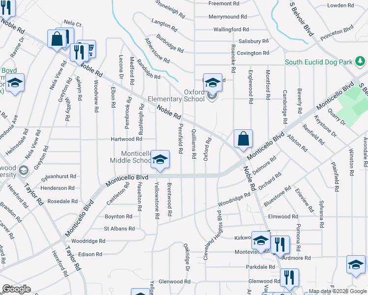 map of restaurants, bars, coffee shops, grocery stores, and more near 1035 Pennfield Road in Cleveland Heights