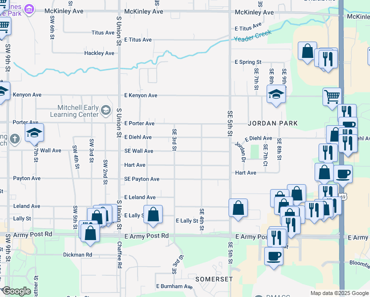 map of restaurants, bars, coffee shops, grocery stores, and more near 316 East Wall Avenue in Des Moines