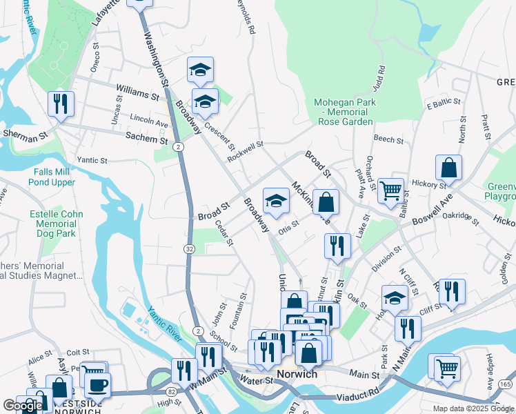 map of restaurants, bars, coffee shops, grocery stores, and more near 221 Broadway in Norwich