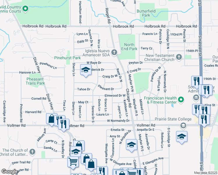 map of restaurants, bars, coffee shops, grocery stores, and more near 179 Pleasant Drive in Chicago Heights