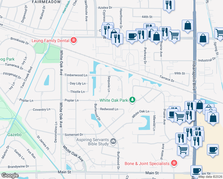 map of restaurants, bars, coffee shops, grocery stores, and more near 10003 Sequoia Lane in Munster