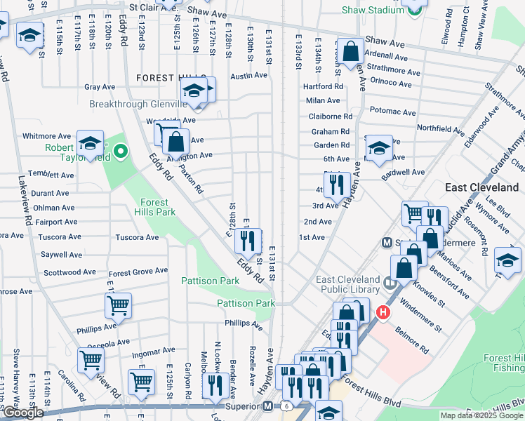 map of restaurants, bars, coffee shops, grocery stores, and more near 935 East 130th Street in Cleveland