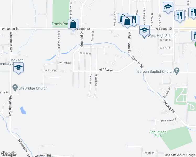map of restaurants, bars, coffee shops, grocery stores, and more near 1203 North Stark Street in Davenport