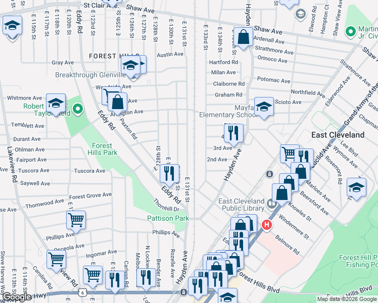 map of restaurants, bars, coffee shops, grocery stores, and more near 1700 East 133rd Street in East Cleveland