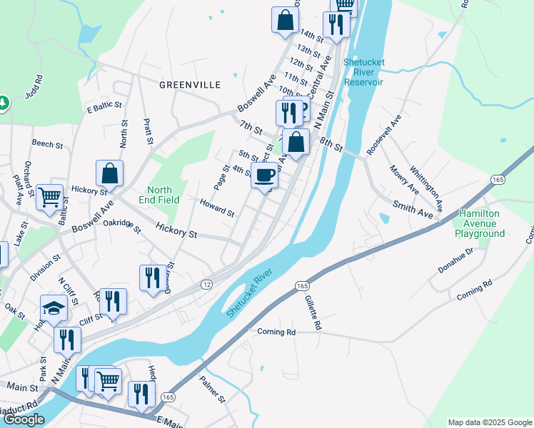map of restaurants, bars, coffee shops, grocery stores, and more near 27 2nd Street in Norwich