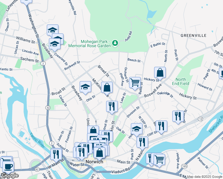 map of restaurants, bars, coffee shops, grocery stores, and more near 46 Freeman Avenue in Norwich