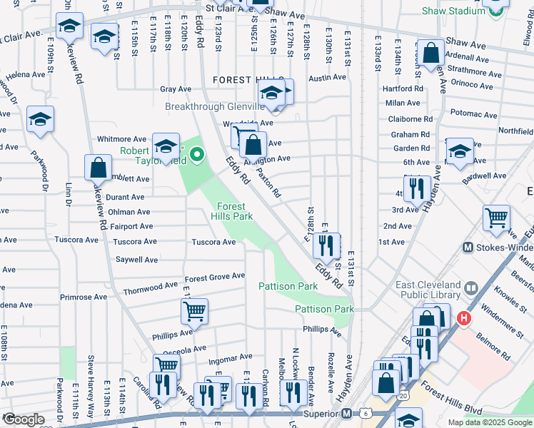 map of restaurants, bars, coffee shops, grocery stores, and more near 934 Eddy Road in Cleveland