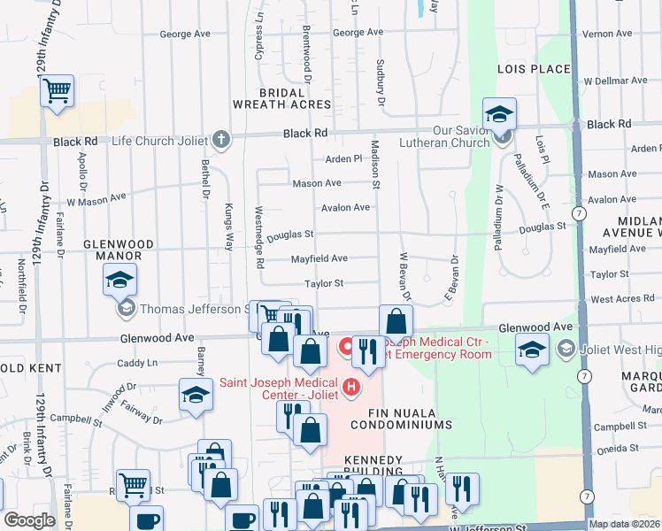 map of restaurants, bars, coffee shops, grocery stores, and more near 2216 Mayfield Ave in Joliet