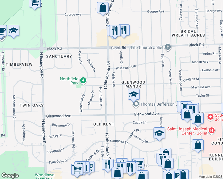 map of restaurants, bars, coffee shops, grocery stores, and more near 517 Fairlane Dr in Joliet