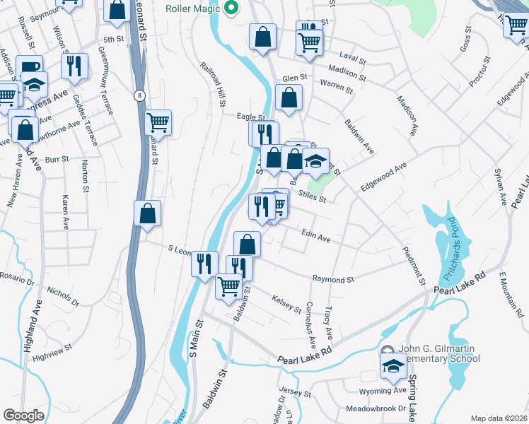 map of restaurants, bars, coffee shops, grocery stores, and more near 13 Simons Avenue in Waterbury